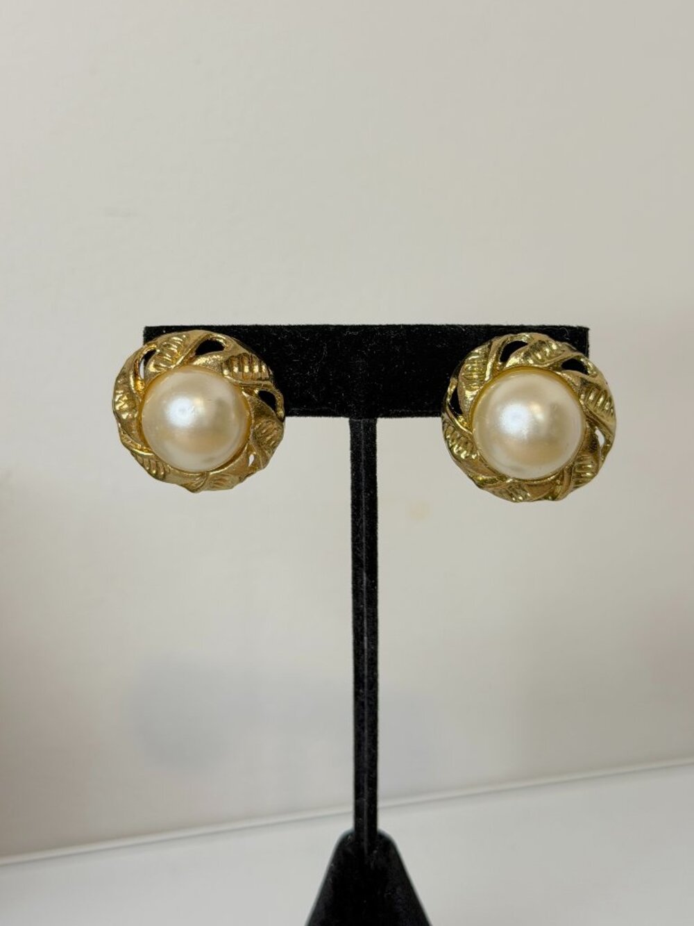 Gold Tone Statement Clip On Earrings w/ Pearl Braided Dome Vintage Style
